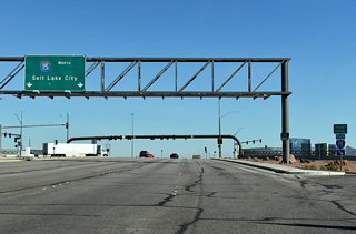 I-15 travels north from SR 146 (St. Rose Parkway) to line the west side of the Las Vegas Strip ahead of Downtown before angling northeast toward Utah.