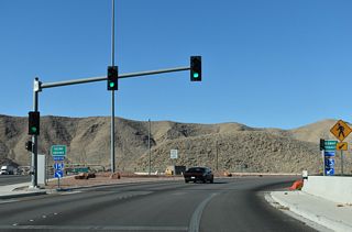 Two lanes depart from SR 146 west for I-15 north to Downtown Las Vegas, Mesquite, St. George, and Salt Lake City, Utah.