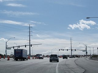 Westbound Nevada 146 (St. Rose Parkway) at the traffic signal for Coronado Center.