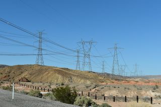 Multiple transmission lines lead northeast to the Nevada Cogeneration Associates # 2 plant and the Spectrum Solar Facility.