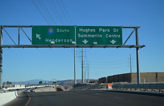 Hughes Park Drive is a frontage road for the Bruce Woodbury Beltway south from Charleston Boulevard to Sahara Avenue.