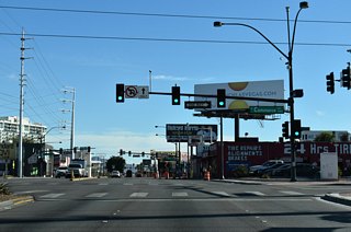 Charleston Boulevard continues east from Commerce Street toward Las Vegas Boulevard.