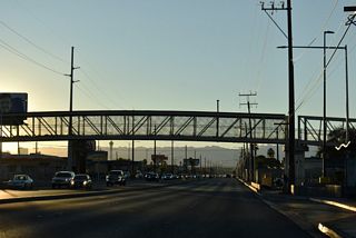 A pedestrian bridge takes the Last Vegas Wash Trail across Charleston Boulevard west of Nellis Boulevard.