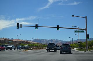 Plaza Centre Drive north ties into Charleston Boulevard from the Summerlin Centre community across from Vista Center Drive and The Vistas Summerlin Village.