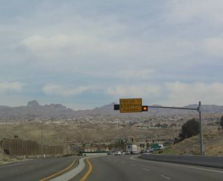 Eastbound Nevada 163 approaches Casino Drive, which is the first traffic signal since leaving the Las Vegas metropolitan area.