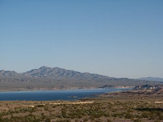 Stewarts Bay on Lake Mead comes into view to the southeast of Northshore Road at Valley of Fire Wash.