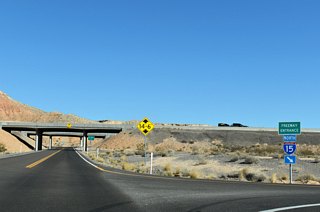 Interstate 15 north returns to Mesquite before crossing into the northwest corner of Arizona en route to St. George, Utah.