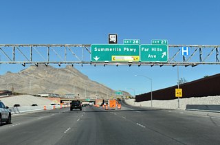 Far Hills Avenue angles southeast from CC-215 along a residential corridor to Town Center Drive and west to the Talaverde neighborhood. 