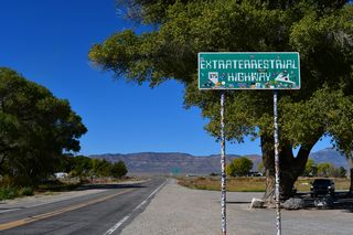 The Extraterrestrial Highway sign for SR 375 northbound appears at Crystal Springs Rest Area.