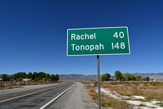 The census designated place of Rachel is 39 miles to the northwest of SR 318 and Crystal Springs. This distance sign was installed on September 7, 2025.