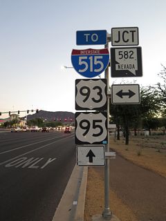SR 564 (Lake Mead Parkway) enters a commercialized intersection with Boulder Highway. Formerly part of SR 582, Boulder Highway is the historic alignment of U.S. 93/95 leading northwest into Las Vegas and southeast to Railroad Pass.