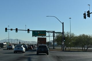 Donovan Way parallels the Union Pacific Railroad northeast by distribution centers and other industrial businesses to Tropical Parkway.