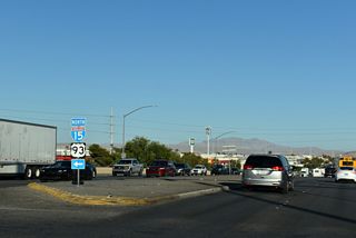 Crossing over the freeway, SR 573 intersects the northbound on-ramp for I-15/U.S. 93 to Salt Lake City, Utah and Ely.