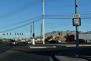 The lone shield for SR 573 eastbound along the eastern section on Craig Road is the end assembly at Las Vegas Boulevard (SR 604).