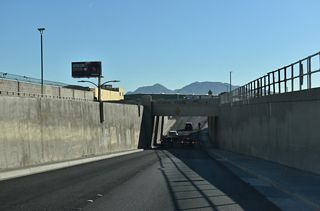 Bonanza Road lowers into a subway below the Union Pacific Railroad east of D Street.