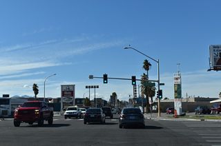 Fremont Street intersects Eastern Avenue adjacent to Charleston Boulevard at Five Points.