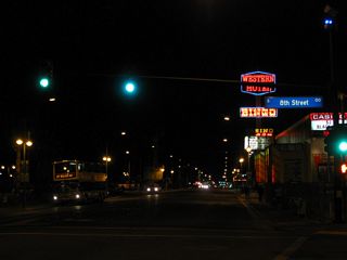 Fremont Street intersects 8th Street just beyond Fremont East District arch sign.