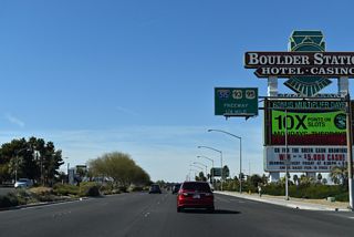 Northwest from Lamb Boulevard, Boulder Highway converges with I-11/U.S. 93-95 between unincorporated areas of Winchester and Sunrise Manor.