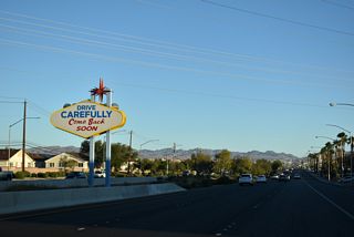 Similar in design to the famous Las Vegas welcome sign along Las Vegas Boulevard, a Las Vegas welcome sign stands within the median of Boulder Highway south of Sun Valley Drive.