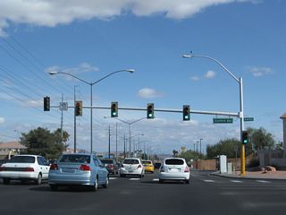 After the signalized intersection with Burnham Avenue, eastbound Flamingo Road (Nevada 592) approaches Eastern Avenue.