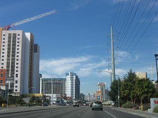 Power lines that have paralleled Nevada 592 turn north in preparation for entering a substation. The substation can be seen on the north side of Flamingo Road.
