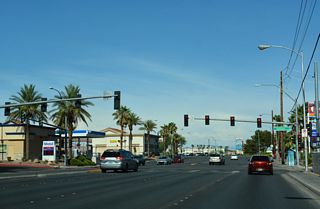 Andover Drive ties into SR 593 (Tropicana Avenue) north across from the entrance to Boulder Crossing shopping center.