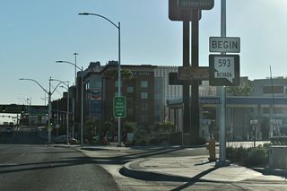 A new begin SR 593 shield assembly was added along Tropicana Avenue ahead of Dean Martin Drive during the Tropicana Interchange Project in 2025.