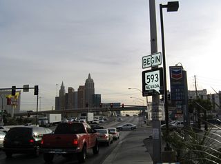 The eastbound beginning of SR 593 on Tropicana Avenue at Dean Martin Drive, prior to the exchange with Interstate 15.