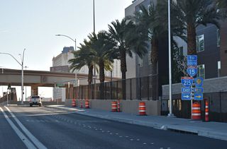 Interstate 15 heads 2.5 miles south from Tropicana Avenue to the Fish Bowl interchange with I-215 east and CC-215 (Bruce Woodbury Beltway) west.