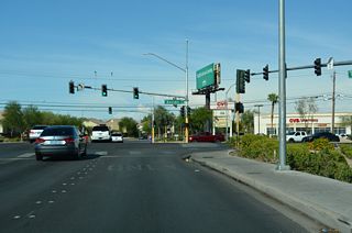 Tropicana Avenue shifts north to intersect Boulder Highway. Part of SR 582 south to Henderson and north to SR 159 (Charleston Boulevard) in Las Vegas, Boulder Highway is an arterial route that historically was U.S. 93/95.