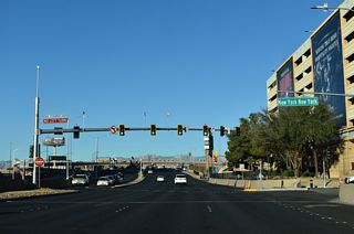 Tropicana Avenue proceeds west from Las Vegas Boulevard to the signalized entrance for New York-New York hotel & casino.