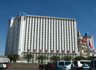 The Excalibur resort, with its tall hotel tower, dominates the view on the south side of Tropicana Avenue between Interstate 15 and Las Vegas Boulevard.