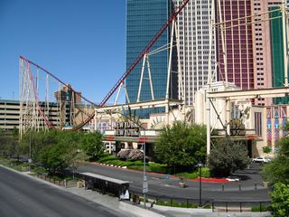 This from the pedestrian bridge between Excalibur and New York New York view shows the south entrance to the New York New York resort along the north side of Tropicana Avenue between Las Vegas Boulevard and Interstate 15.