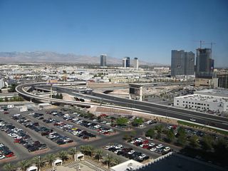 This view of the interchange between Nevada 593 (Tropicana Avenue) and Interstate 15 is from the Excalibur Resort and Hotel.