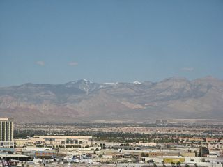 The Spring Moutains west of Las Vegas are visible on most days from westbound Tropicana Avenue. Red Rock Canyon National Conversation Area can be seen in the foothills of these mountains. This view is also afforded from the Excalibur resort.