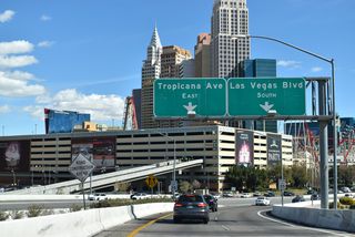 A two lane flyover connects Interstate 15 south with Tropicana Avenue east ahead of Las Vegas Boulevard (former SR 604).