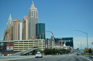 The New York, New York hotel & casino lines the north side of Tropicana Avenue east of T-Mobile Arena (home of the NHL Vegas Golden Knights).