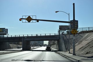 Tropicana Avenue lowers east of Wynn Road below a Union Pacific Railroad overpass.