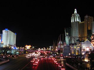 Las Vegas Boulevard runs south to the Excalibur, Luxor, and Mandalay Resorts while the eight lane boulevard north leads to most other resorts on the Strip.