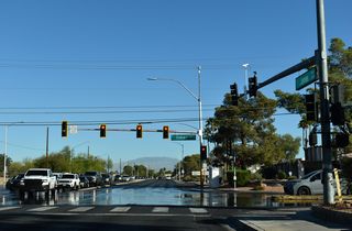 Jones Boulevard north at Oakey Boulevard. The southern leg of SR 596 along Jones Boulevard between Sahara Avenue and I-11/U.S. 95 is unsigned northbound.