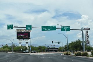 Las Vegas Boulevard resumes a northeastern course from the rotary with Main Street south and N 5th Street.