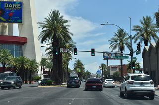 Las Vegas Boulevard intersects Bob Stupak Avenue (former Baltimore Avenue) west by the Strat. Originally named the Stratosphere, the casino and tower opened on April 30, 1996.