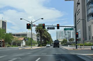 Clark Avenue intersects Las Vegas Boulevard by the Lloyd D George Courthouse.