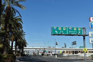 I-11/U.S. 93-95 (Oran K. Gragson Freeway) line the north side of Downtown Las Vegas. Las Vegas Boulevard meets the elevated Oran K. Gragson Freeway at a diamond interchange.