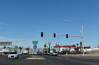 Las Vegas Boulevard passes under I-11/U.S. 93-95 ahead of the northbound entrance ramp to Summerlin, Ely (via U.S. 93) and Reno (via U.S. 95).
