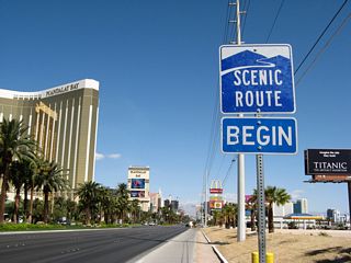 Las Vegas Boulevard is a scenic route through the Las Vegas Strip. The Strip is generally considered to extend from Russell Road near the Mandalay Bay resort to Bob Stupak Avenue near the Strat resort, just north of the Las Vegas city limits.