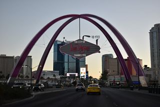 The Las Vegas Gateway Arches span Las Vegas Boulevard at the driveway to The Strat casino & tower.