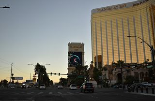 Mandalay Bay Road extends west from parallel Giles Street to the Hacienda Bridge spanning Interstate 15 by Allegiant Stadium.