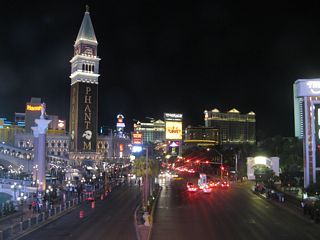 Looking south from the pedestrian bridge that connects the Venetian resort with the former Mirage resort, this view shows the Mirage, Caesar's Palace, and Harrah's on Las Vegas Boulevard.