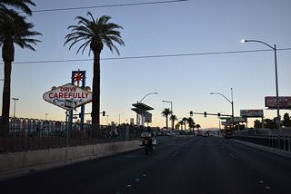 The back side of the "Welcome to Fabulous Las Vegas" sign invites visitors to return. The sign stands within the median of Las Vegas Boulevard midway between Russell Road and Sunset Road.